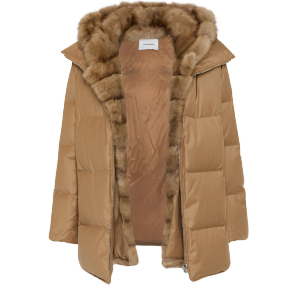 Woman wearing Yves Salomon shearling fur coat – luxury outerwear at Coveti