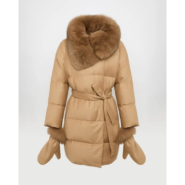 Woman wearing Yves Salomon shearling fur coat – luxury outerwear at Coveti