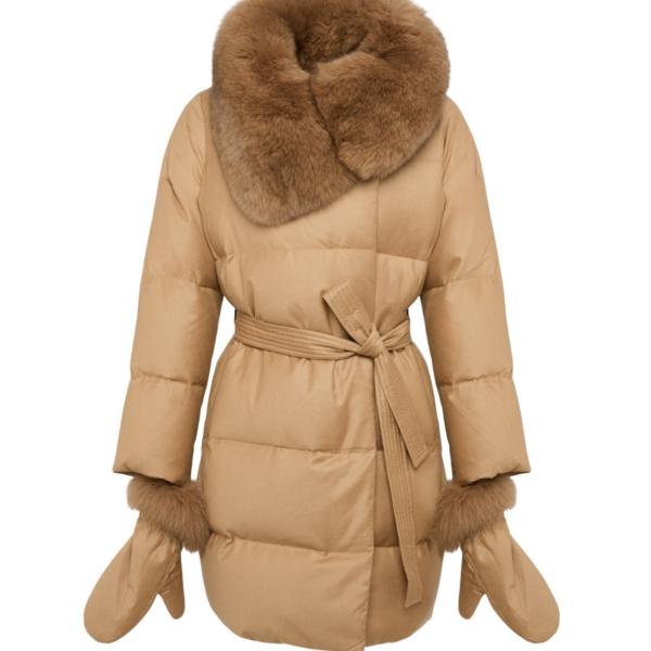 Woman wearing Yves Salomon shearling fur coat – luxury outerwear at Coveti