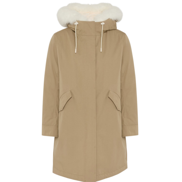 Woman wearing Yves Salomon shearling fur coat – luxury outerwear at Coveti