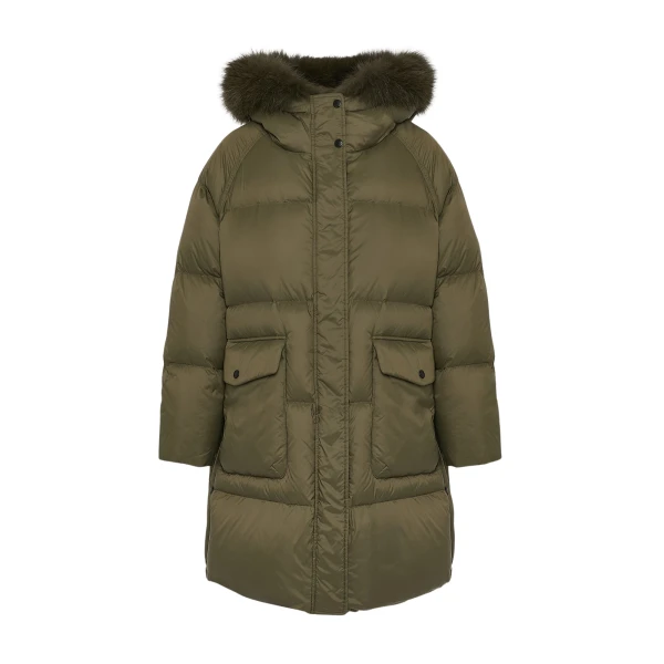 Woman wearing Yves Salomon shearling fur coat – luxury outerwear at Coveti