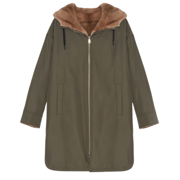 Woman wearing Yves Salomon shearling fur coat – luxury outerwear at Coveti