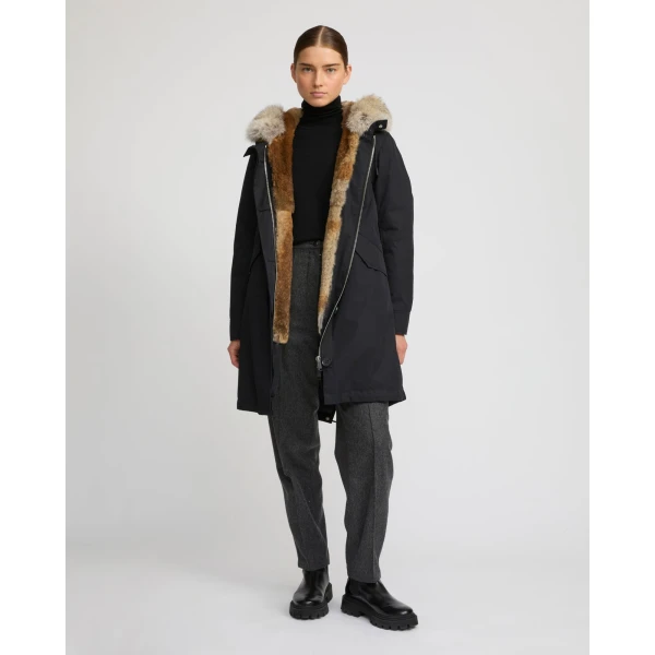 Woman wearing Yves Salomon shearling fur coat – luxury outerwear at Coveti