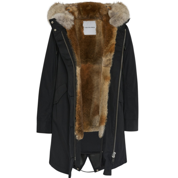 Woman wearing Yves Salomon shearling fur coat – luxury outerwear at Coveti