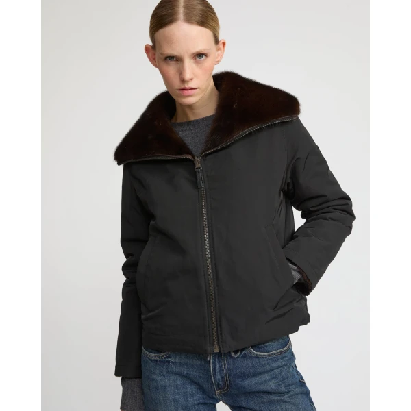 Woman wearing Yves Salomon shearling fur coat – luxury outerwear at Coveti