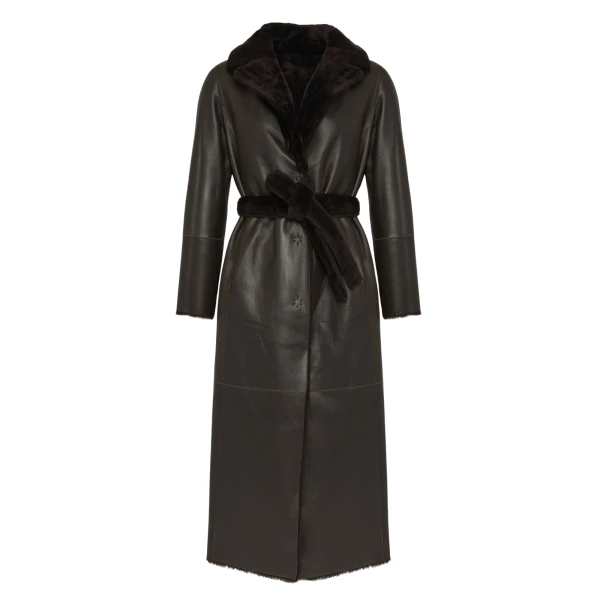 Woman wearing Yves Salomon shearling fur coat – luxury outerwear at Coveti