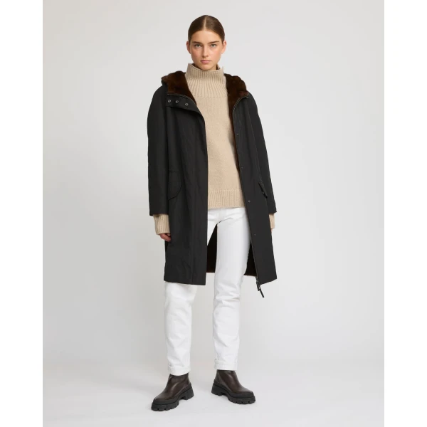 Woman wearing Yves Salomon shearling fur coat – luxury outerwear at Coveti