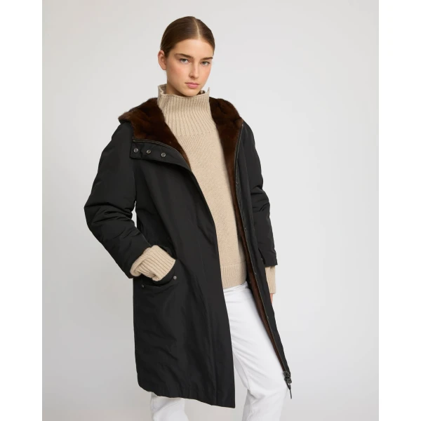 Woman wearing Yves Salomon shearling fur coat – luxury outerwear at Coveti