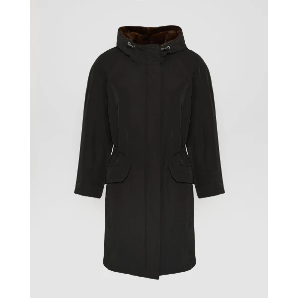 Woman wearing Yves Salomon shearling fur coat – luxury outerwear at Coveti