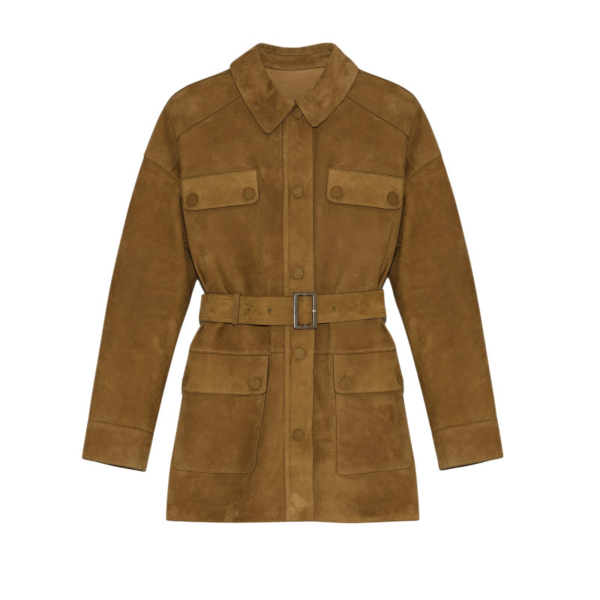 Woman wearing Yves Salomon shearling fur coat – luxury outerwear at Coveti