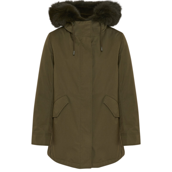 Woman wearing Yves Salomon shearling fur coat – luxury outerwear at Coveti