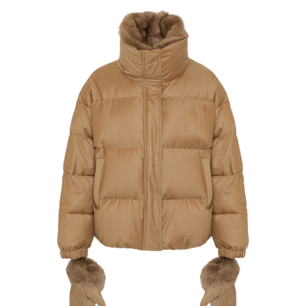 Woman wearing Yves Salomon shearling fur coat – luxury outerwear at Coveti