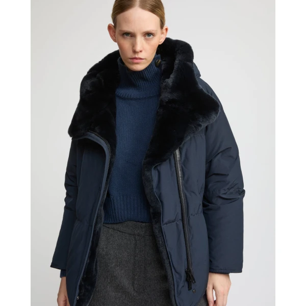 Woman wearing Yves Salomon shearling fur coat – luxury outerwear at Coveti