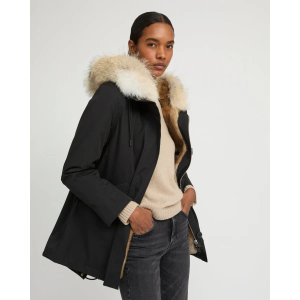 Woman wearing Yves Salomon shearling fur coat – luxury outerwear at Coveti
