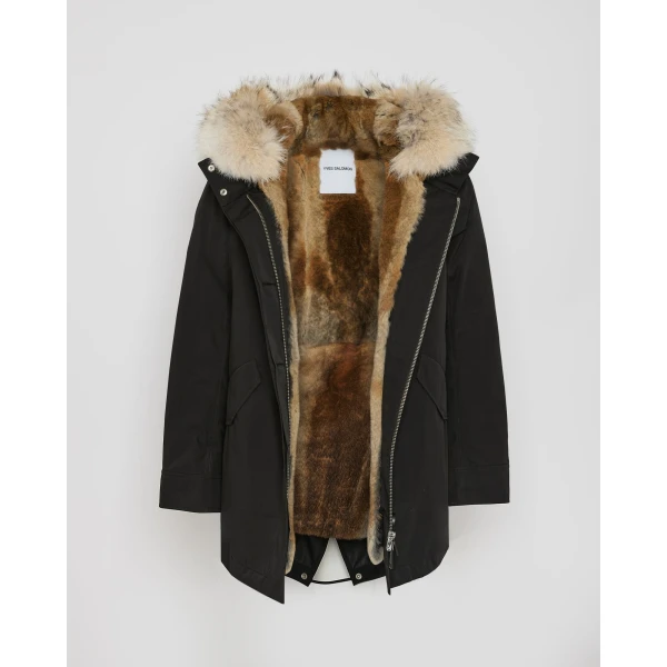 Woman wearing Yves Salomon shearling fur coat – luxury outerwear at Coveti