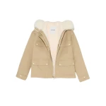 Woman wearing Yves Salomon shearling fur coat – luxury outerwear at Coveti
