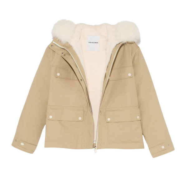 Woman wearing Yves Salomon shearling fur coat – luxury outerwear at Coveti