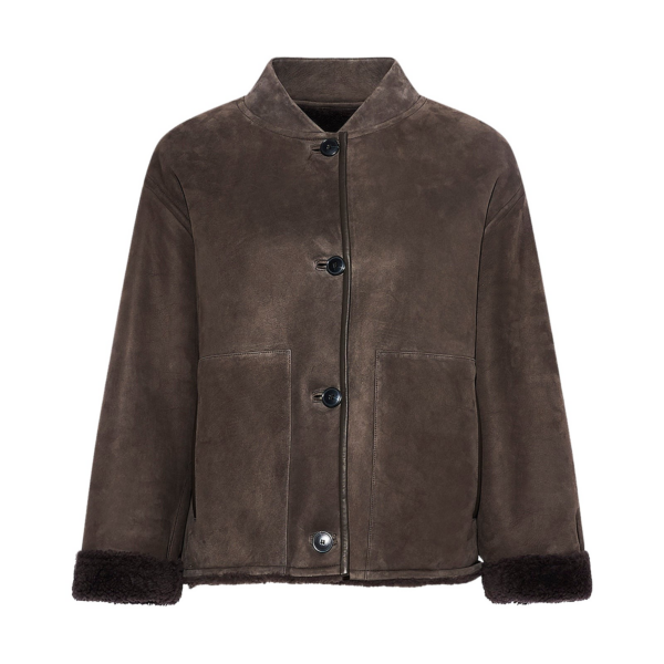Woman wearing Yves Salomon shearling fur coat – luxury outerwear at Coveti