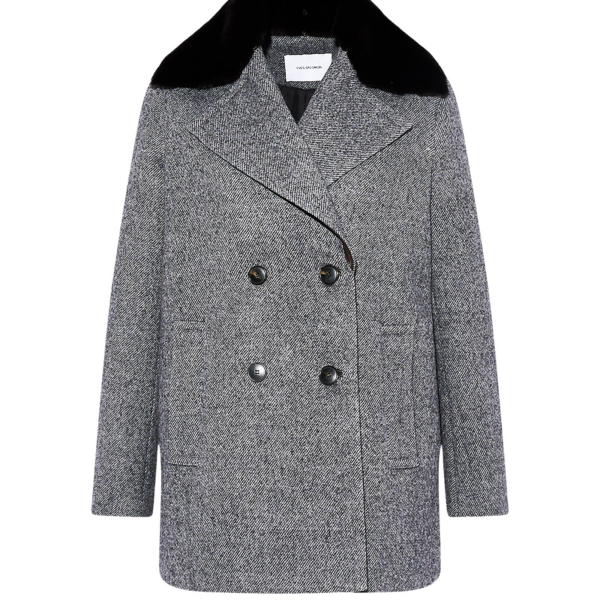 Woman wearing Yves Salomon shearling fur coat – luxury outerwear at Coveti