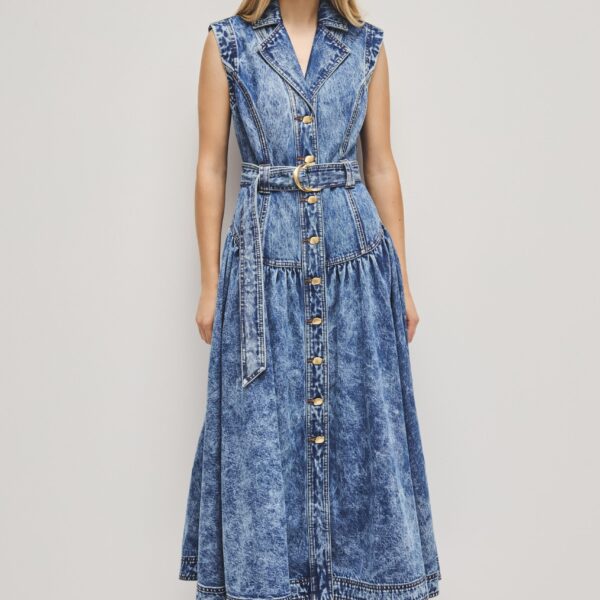 Elena Belted Denim Midi Dress