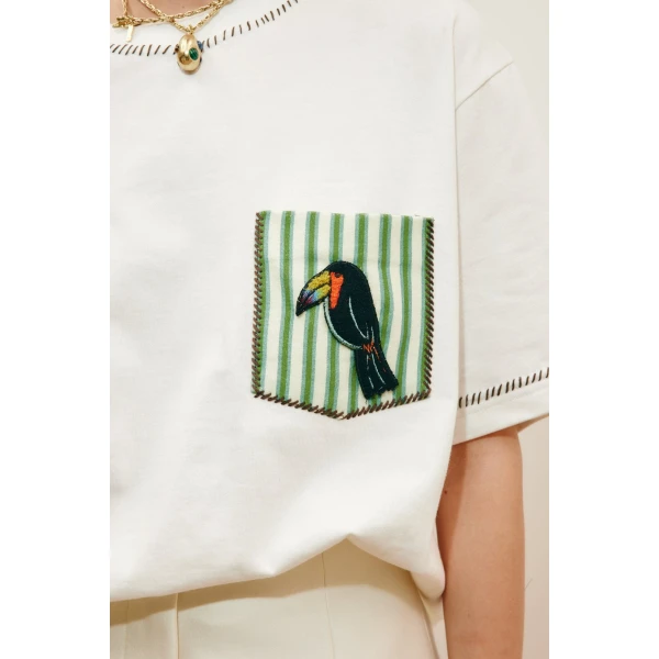 Alemais Toucan Tango Embroidered Pocket Tee  Sustainable Tops with Alemais print - Coveti Australian Designer
