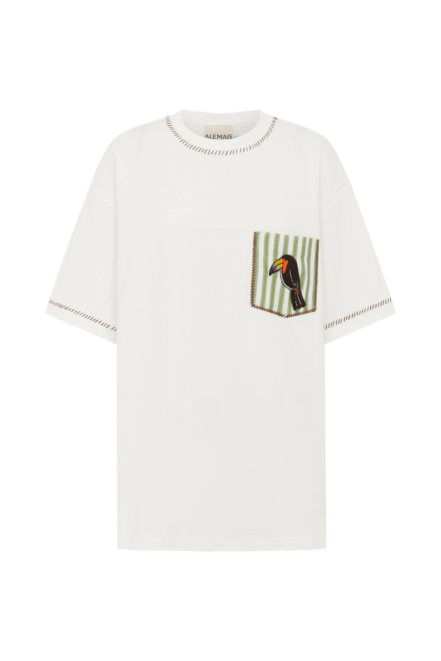 Toucan Tango Embroidered Pocket Tee by Alemais - Tops Alemais Toucan Tango Embroidered Pocket Tee Sustainable Tops with Alemais print - Coveti Australian Designer