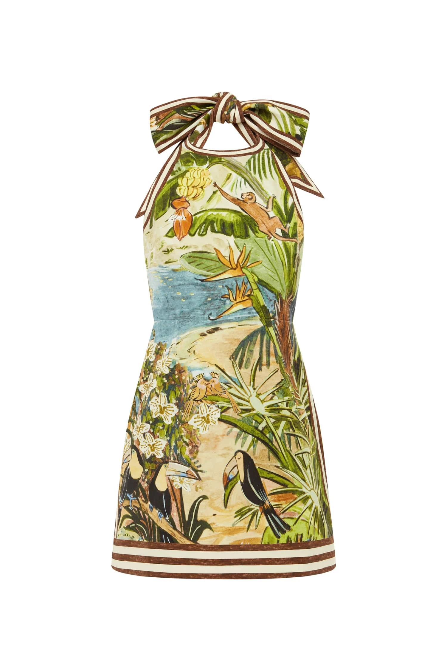 Toucan Tango Halter Mini Dress by Alemais - Dresses Alemais Toucan Tango Halter Mini Dress Sustainable Dresses with Alemais print - Coveti Australian Designer