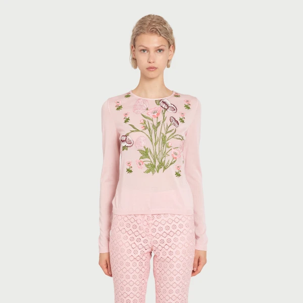 Giambattista Valli Anemones Embroidered Pink Cashmere Top - Giambattista Valli Tops - Romantic Couture - Shop at Coveti