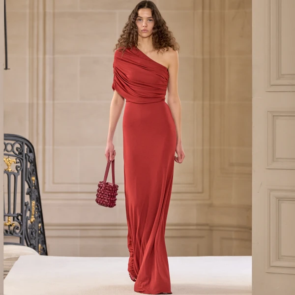 Giambattista Valli Asymmetrical Draped Brick Long Dress - Giambattista Valli Dresses - Romantic Couture - Shop at Coveti