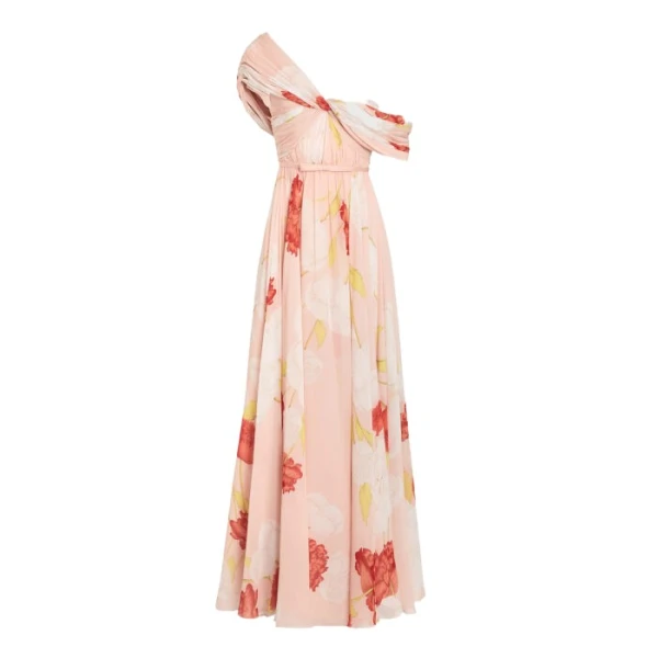 Asymmetrical Long Pink Blossoms Silk Dress