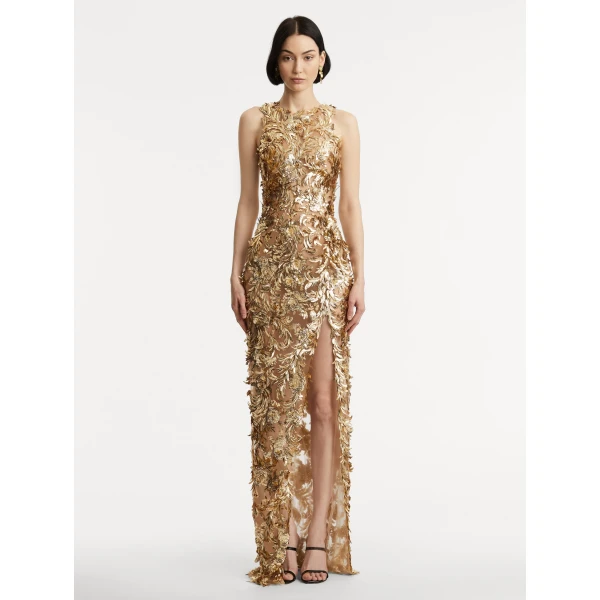 Oscar de la Renta Baroque Sequin Leaves Embroidered Gown - Oscar de la Renta Dresses - American Couture - Shop at Coveti