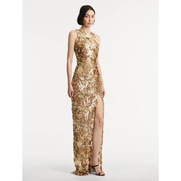 Oscar de la Renta Baroque Sequin Leaves Embroidered Gown - Oscar de la Renta Dresses - American Couture - Shop at Coveti