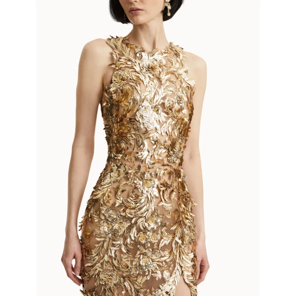 Oscar de la Renta Baroque Sequin Leaves Embroidered Gown - Oscar de la Renta Dresses - American Couture - Shop at Coveti