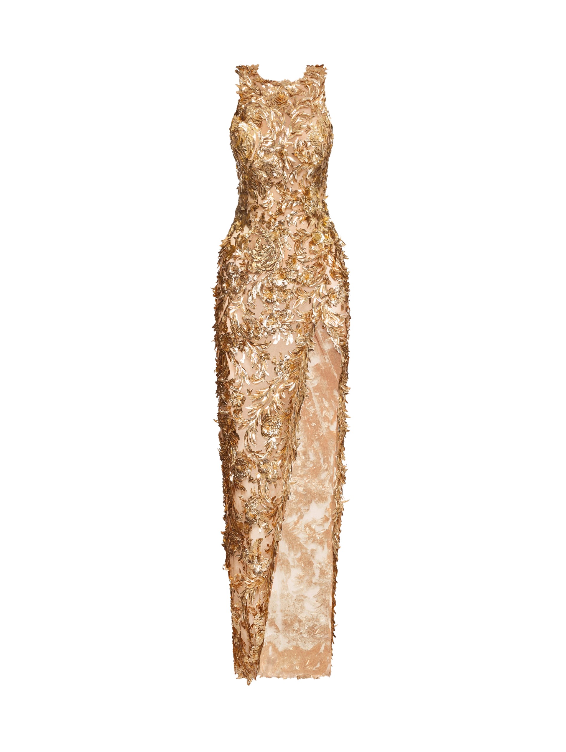 Oscar de la Renta Baroque Sequin Leaves Embroidered Gown