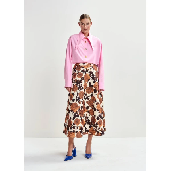Essentiel Antwerp Beige and brown a-line floral skirt, view 2