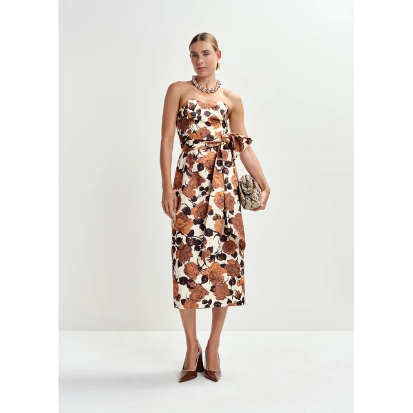 Essentiel Antwerp Beige and brown strapless midi dress with wrap-belt, view 2
