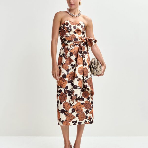 Essentiel Antwerp Beige and brown strapless midi dress with wrap-belt - Essentiel Antwerp Dresses - Colorful Belgian Design - Shop at Coveti
