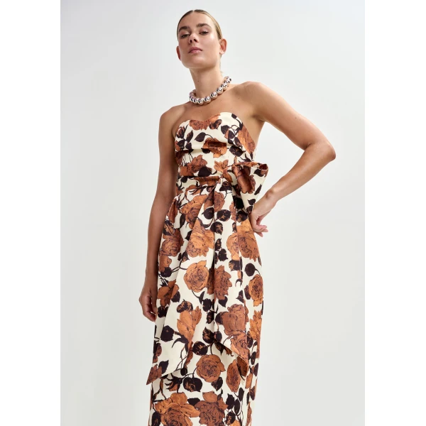 Essentiel Antwerp Beige and brown strapless midi dress with wrap-belt, view 3