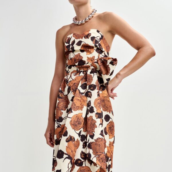 Essentiel Antwerp Beige and brown strapless midi dress with wrap-belt - Essentiel Antwerp Dresses - Colorful Belgian Design - Shop at Coveti