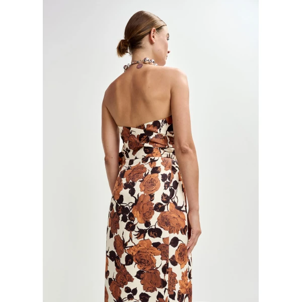 Essentiel Antwerp Beige and brown strapless midi dress with wrap-belt, view 4