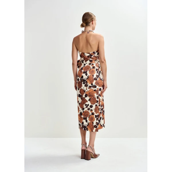 Essentiel Antwerp Beige and brown strapless midi dress with wrap-belt, view 5