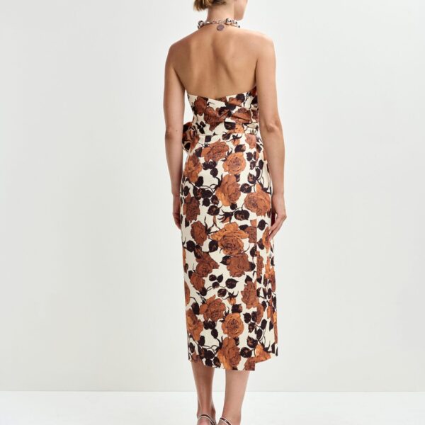 Essentiel Antwerp Beige and brown strapless midi dress with wrap-belt - Essentiel Antwerp Dresses - Colorful Belgian Design - Shop at Coveti