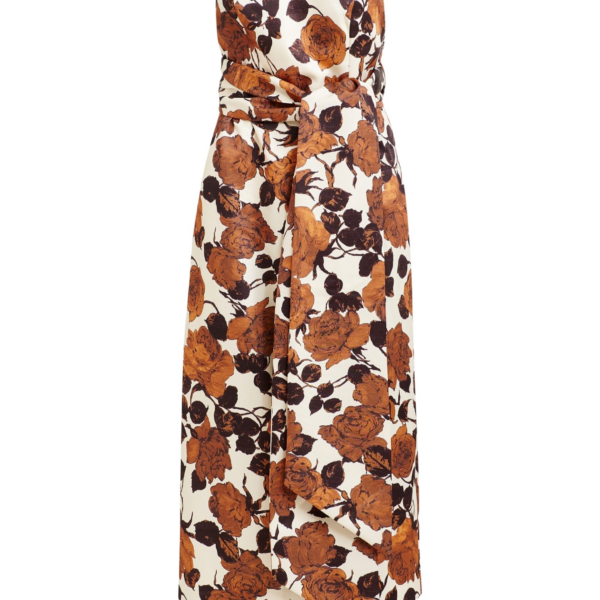 Essentiel Antwerp Beige and brown strapless midi dress with wrap-belt - Essentiel Antwerp Dresses - Colorful Belgian Design - Shop at Coveti