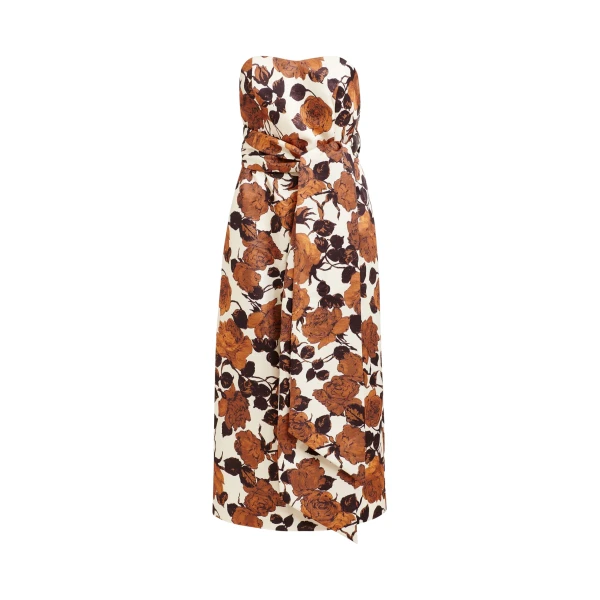 Essentiel Antwerp Beige and brown strapless midi dress with wrap-belt - Essentiel Antwerp Dresses - Colorful Belgian Design - Shop at Coveti