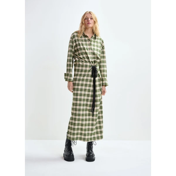 Essentiel Antwerp Beige and green checked oversized maxi dress with rhinestone-embellished collar, view 2