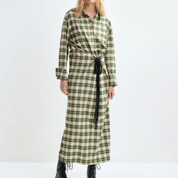 Essentiel Antwerp Beige and green checked oversized maxi dress with rhinestone-embellished collar - Essentiel Antwerp Dresses - Colorful Belgian Design - Shop at Coveti