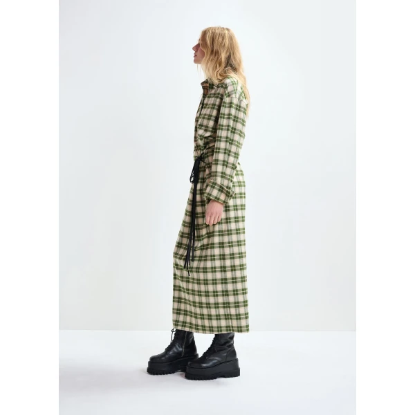 Essentiel Antwerp Beige and green checked oversized maxi dress with rhinestone-embellished collar, view 3