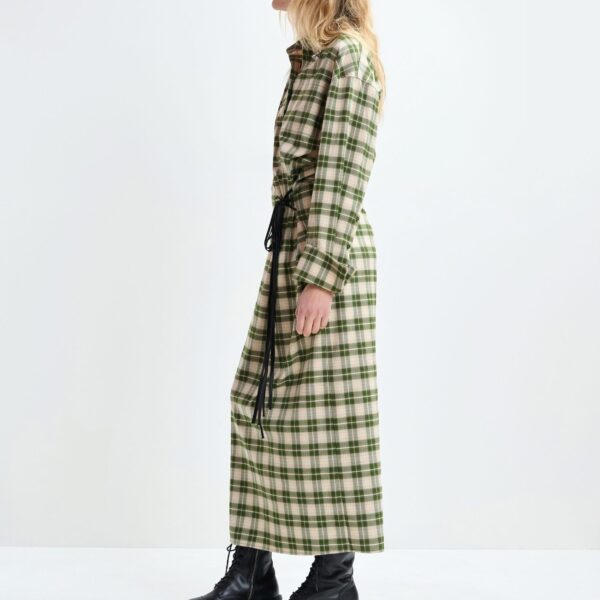 Essentiel Antwerp Beige and green checked oversized maxi dress with rhinestone-embellished collar - Essentiel Antwerp Dresses - Colorful Belgian Design - Shop at Coveti
