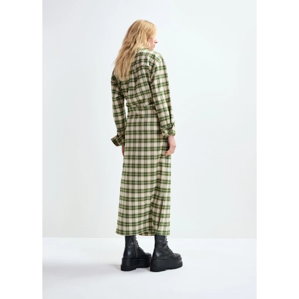 Essentiel Antwerp Beige and green checked oversized maxi dress with rhinestone-embellished collar, view 4