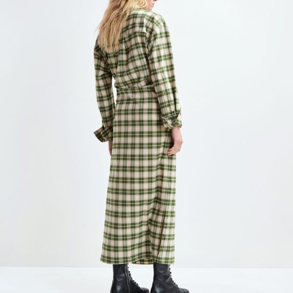 Essentiel Antwerp Beige and green checked oversized maxi dress with rhinestone-embellished collar - Essentiel Antwerp Dresses - Colorful Belgian Design - Shop at Coveti